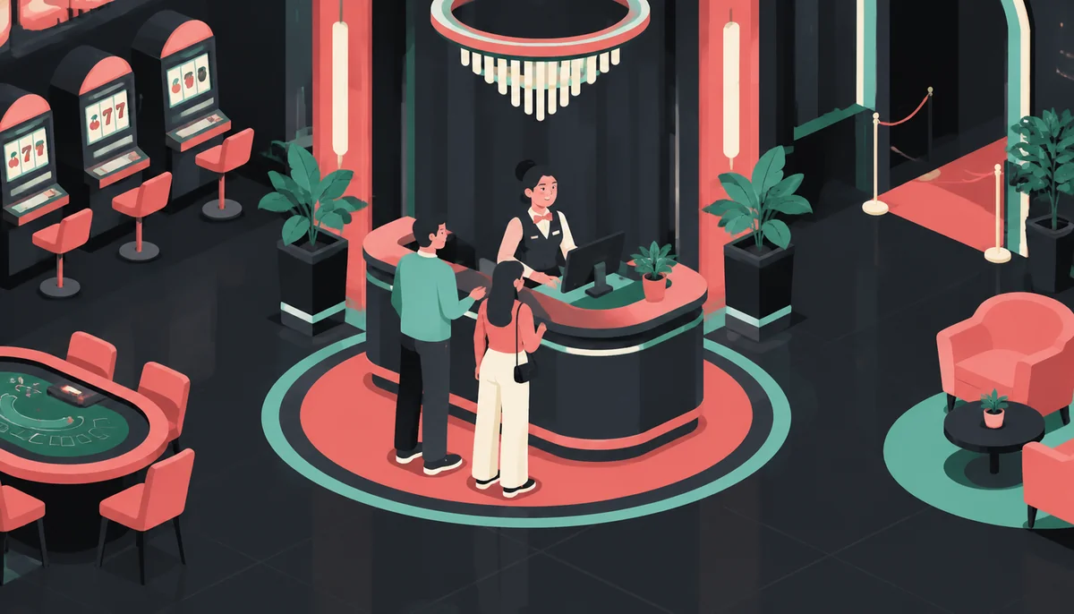 Simple isometric casino scene with desk and visitors