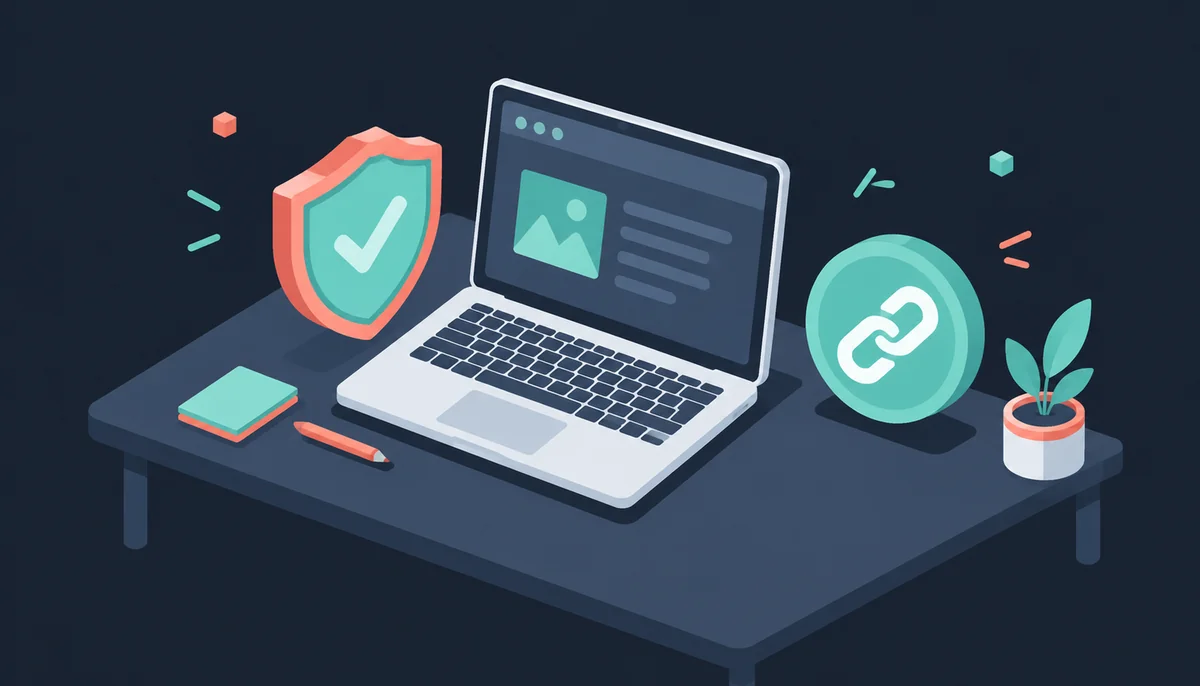 Isometric laptop with shield and link icons