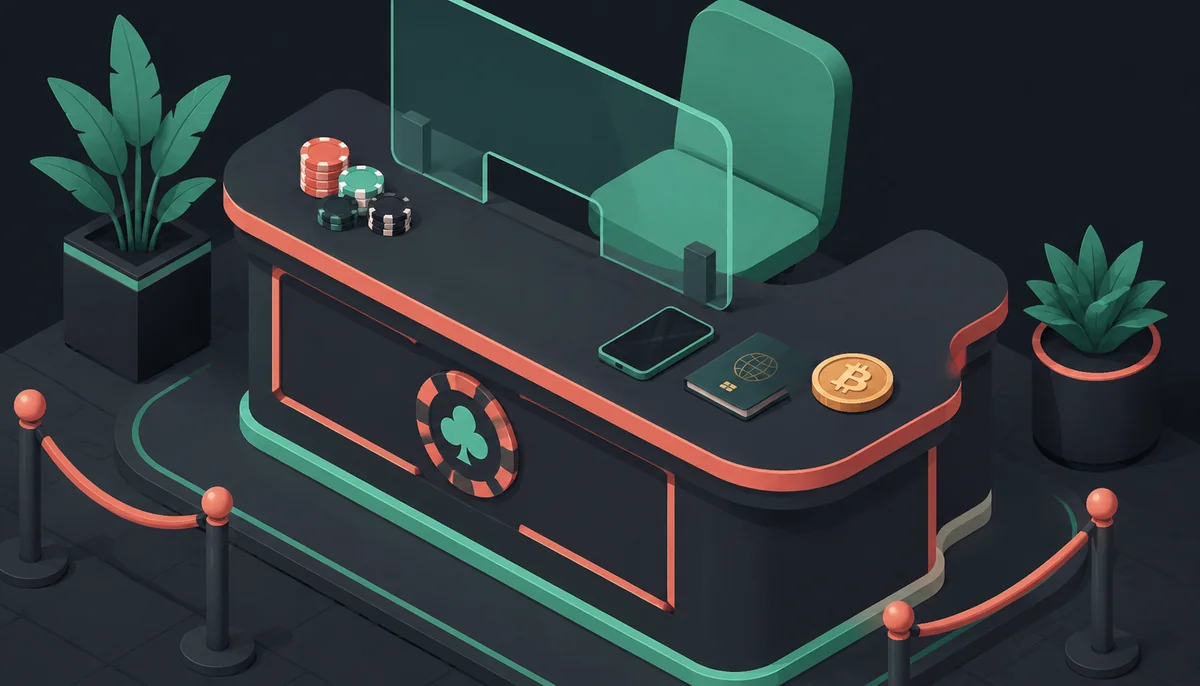 Isometric casino cashier desk with smartphone and passport