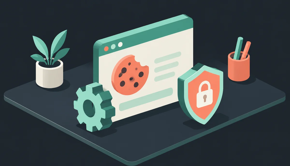 Isometrische Szene mit Browserfenster und Cookie-Symbol