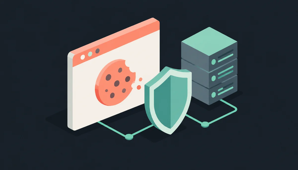Isometric scene with browser, cookie, shield, and server
