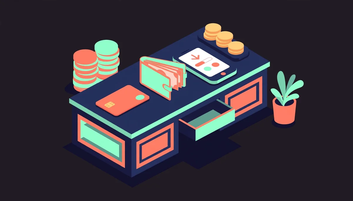 Isometric casino cashier desk with card, wallet and smartphone