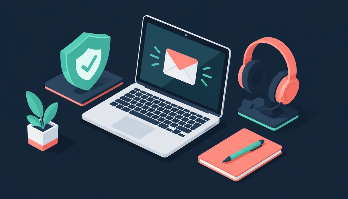 Isometric scene of laptop, email icon, shield, and headset