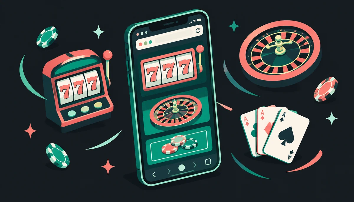 Smartphone with browser casino games and floating icons
