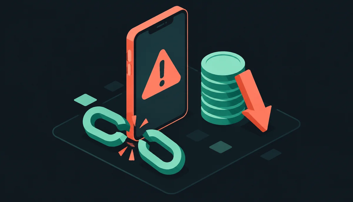 Smartphone with warning, coins, and broken chain