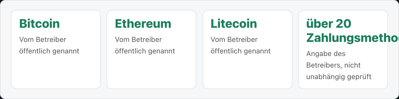 Four tiles showing confirmed crypto names and total payment methods